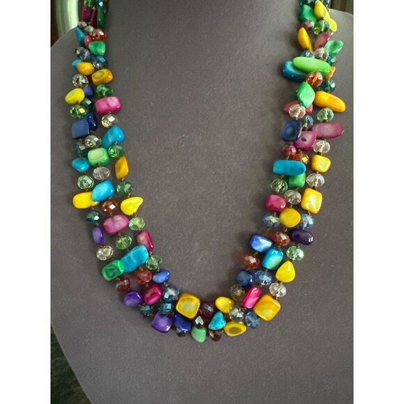 Multicolor Beaded Statement Necklace 3-Strand Design With Adjustable Chain For W - Picture 1 of 3